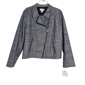 Liz Claiborne Womens XL Demin Blue Chambray Moto Jacket Zip Modern Sporty NWT
